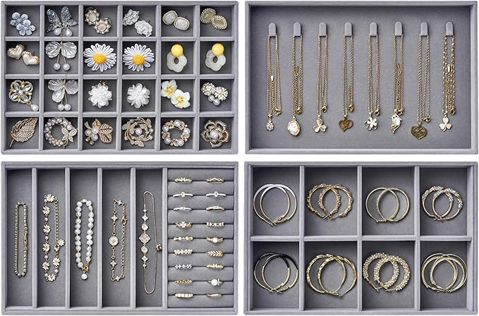 Velvet Jewelry Drawer Organizer Trays – Large Grey Stackable Jewelry Storage Inserts Set, 4-Layer Jewelry Tray Set for Earrin