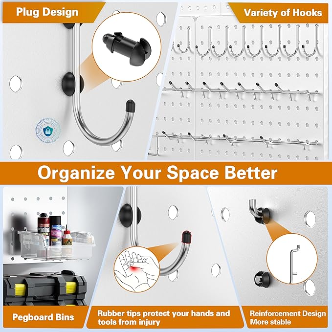 Peg Board, 112pcs Metal PegBoard Organizer with Accessories, 6 Pack 16'' x 12'' White Pegboard Panels with Hooks, Wall Organi