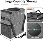 Cute Mini Car Trash Bag with Lid, Glitter Garbage Can Bin Hanging for Back/Front Seat/Console, Waterproof, Leakproof, 2.5 Gallon, Black Bling Sparkly