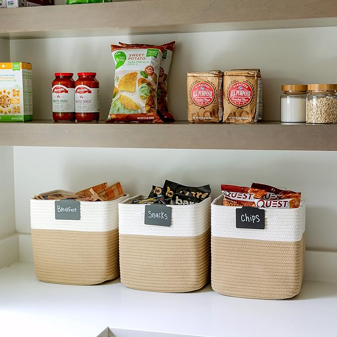 NaturalCozy Storage Cubes 11 Inch Cotton Rope Woven Baskets for Organizing, 3-Pack | Cube Storage Bin | Square Storage Basket