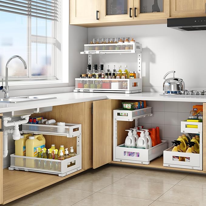 2 Pack 17IN Depth Under Sink Storage Organizer, Large 2-Tier Elegant Mesh Pull Out Shelf for Kitchen and Bathroom Cabinet Org