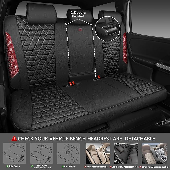 CAR PASS Bling Diamond Black Red Leather Car Seat Covers Full Set, Waterproof Shining Glitter Sparkly Crystal Universal Armre
