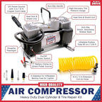 Tire Inflator Portable Air Compressor with Tire Repair Kit – Car Emergency Kit & 12V DC Dual Cylinder Air Pump for Cars, 150 PSI Tyre Pump with Tyre Pressure Gauge, and Car Accessories Air Pump
