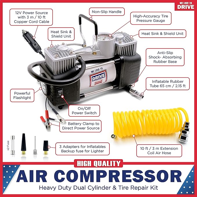 Tire Inflator Portable Air Compressor with Tire Repair Kit – Car Emergency Kit & 12V DC Dual Cylinder Air Pump for Cars, 150 PSI Tyre Pump with Tyre Pressure Gauge, and Car Accessories Air Pump
