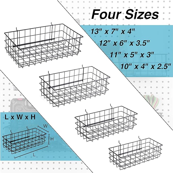 Pegboard Baskets, Set of 4 Black - Hooks to Any Peg Board - Pegboard Accessories, Square Style Wire Shelf Baskets - Organize 