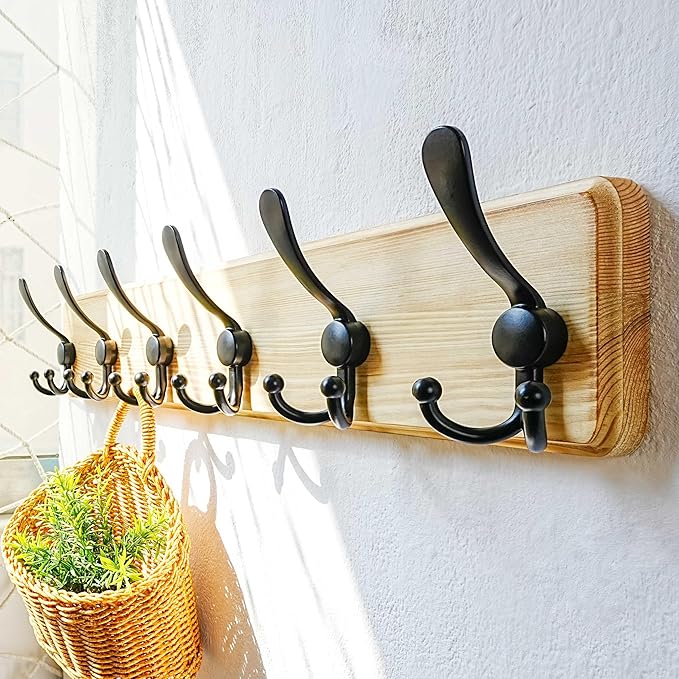 Dseap Coat Rack Wall Mounted - 24" Long 6 Tri Hooks, Heavy Duty Wooden Wall Coat Hanger Coat Hook for Clothes Hat Jacket Clot