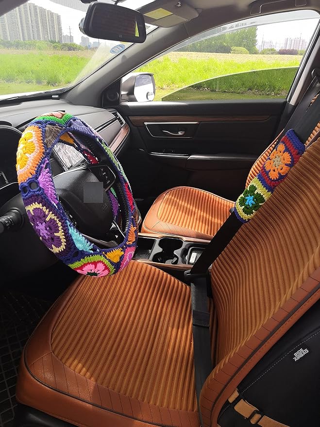 YDM Crochet Steering Wheel Cover, Sunflower Design, Standard Size (14-15 inches), Cotton, Slip Resistant, Elastic, Customizable Color, Gift Idea