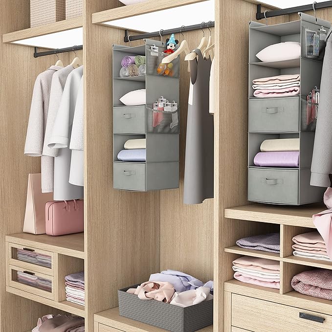 MAX Houser 5 Tier Shelf Hanging Closet Organizer, Cloth Hanging Shelf with 2 Sturdy Hooks for Storage, Foldable (Light Grey-D