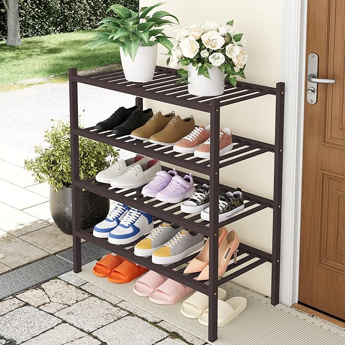 Smiry Shoe Rack, 4 Tier Thick Bamboo Shoe Organizer, Stackable Free Standing Wooden Shoe Storage Shelf for Closet, Entryway, 