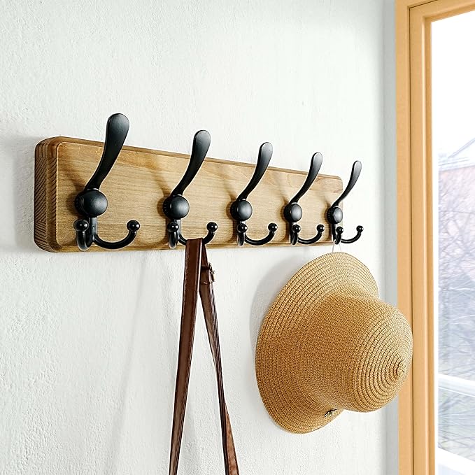 Dseap Coat Rack Wall Mount - Heavy-Duty Robust Barnwood-Style Wooden Wall Coat Hanger Hook Rail with 5 Triple Hooks for Winte