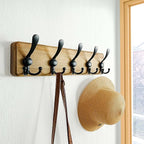 Dseap Coat Rack Wall Mount - Heavy-Duty Robust Barnwood-Style Wooden Wall Coat Hanger Hook Rail with 5 Triple Hooks for Winte