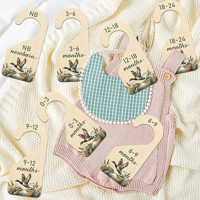 R HORSE Wooden Baby Closet Dividers - 8Pcs Mallard Duck Baby Closet Organizer Double-Sided Newborn Clothes Size Hanger Divide