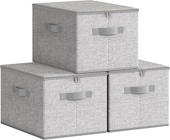 SONGMICS Foldable Storage Organizer Boxes, Set of 3 Storage Basket Bins with Lids, Handles, Clothes Organizer, 15.7 x 11.8 x 