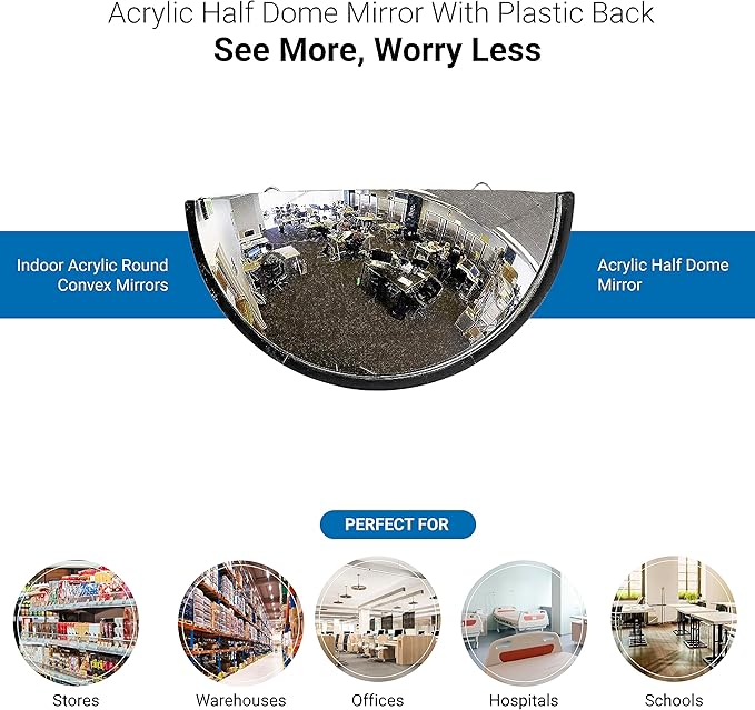 18” Acrylic Bubble Half Dome Mirror with Black Rim, Round Indoor Security Mirror for Driveway Safety Spots, Outdoor Warehouse Side View, Circular Wall Mirror for Office Use - Vision Metalizers (DPB1812)