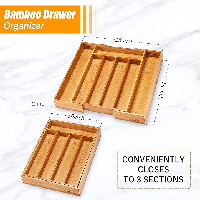 Bellsal Silverware Organizer Kitchen Drawer Organizer Expandable Bamboo Utensil Holder Cutlery Tray for Kitchen Utensil and F