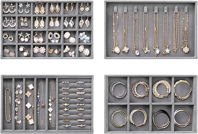 Velvet Jewelry Drawer Organizer Trays – Grey Stackable Jewelry Storage Inserts Set, 4-Layer Jewelry Tray Set for Earrings, Ri