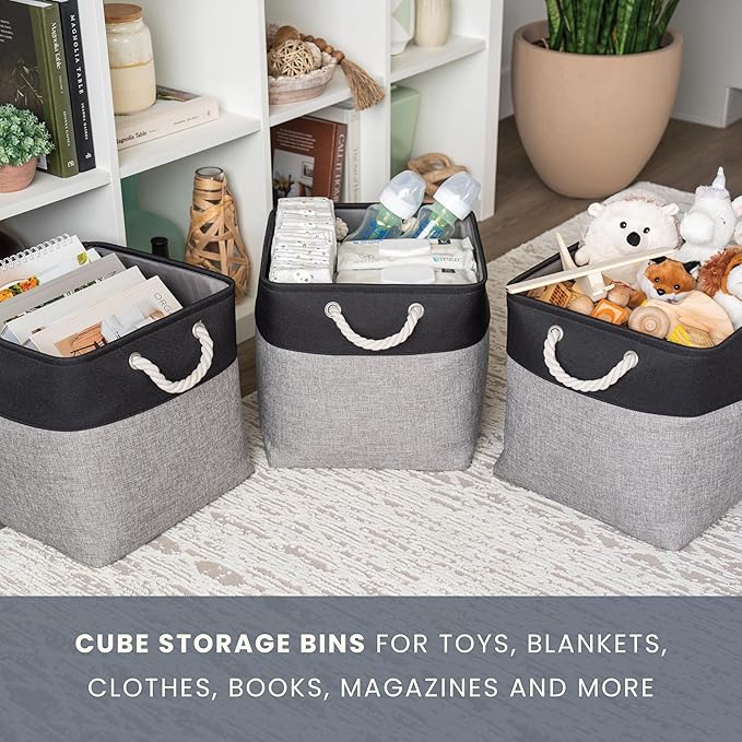 OrganiHaus 13x13 Cube Storage Bins 4 Pack, Foldable Cube Storage Organizer w/ Rope Handles, Collapsible Fabric Bins for Toys,
