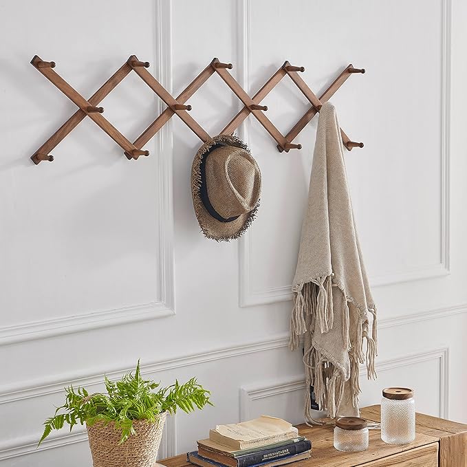 SKOLOO Hat Rack for Wall with 14 Hooks, Pack of 2, Solid Wooden, Modern, Expandable Coat Rack Wall Mount for Coats, Hats, Bag