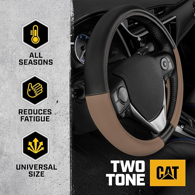 Cat® ErgoDrive Car Steering Wheel Cover with Tan Beige Grip, Black Faux Leather Steering Wheel Cover for Auto Truck Van SUV - Standard 14.5" - 15 Inches