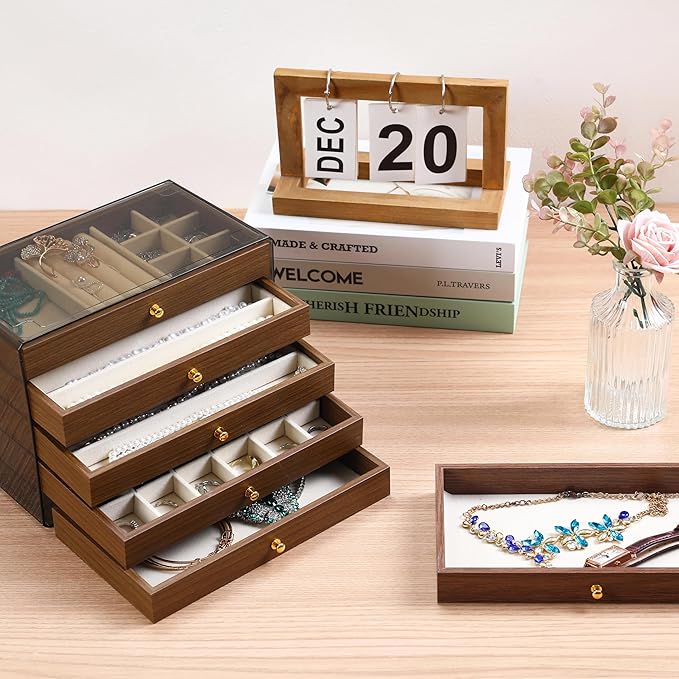 CLUQMEIK 5 Layer Large Wooden Jewelry Box with Acrylic Lid and Wooden Drawers, Stackable Jewelry Organizers and Storage Box f