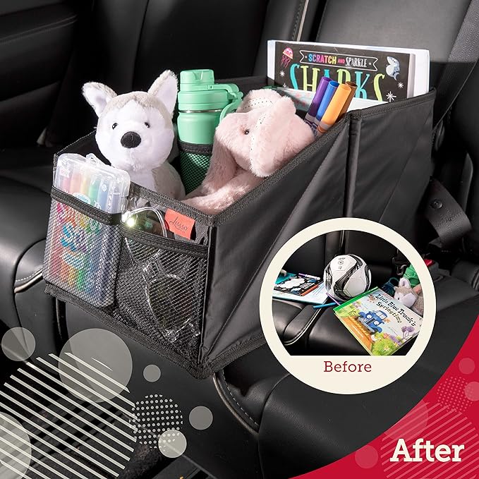 Lusso Gear Car Seat Organizer - Built-In Car Cup Holders & Mesh Pockets - Foldable Back Seat Organizer with Handles - Kids Roa