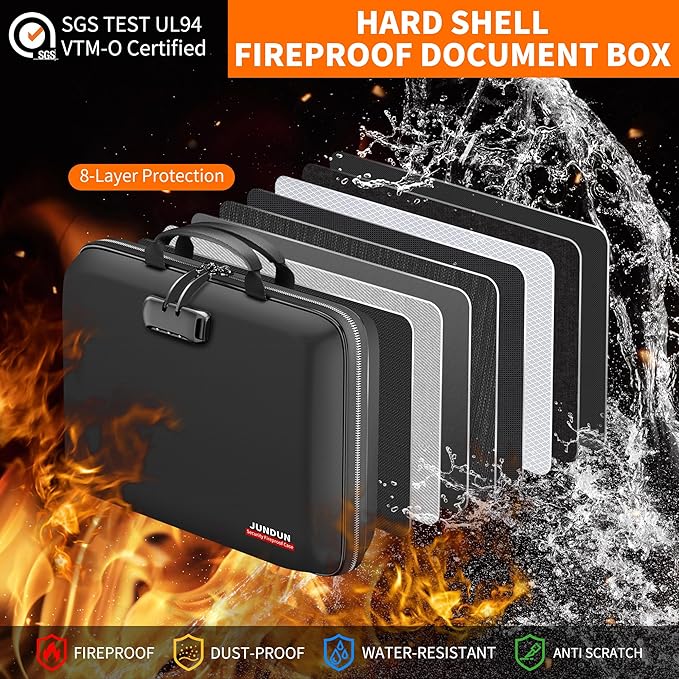 JUNDUN Fireproof Document Box with Lock & Shoulder Strap,Hard Shell Case Document Organizer with 13 Pockets Accordion File Or