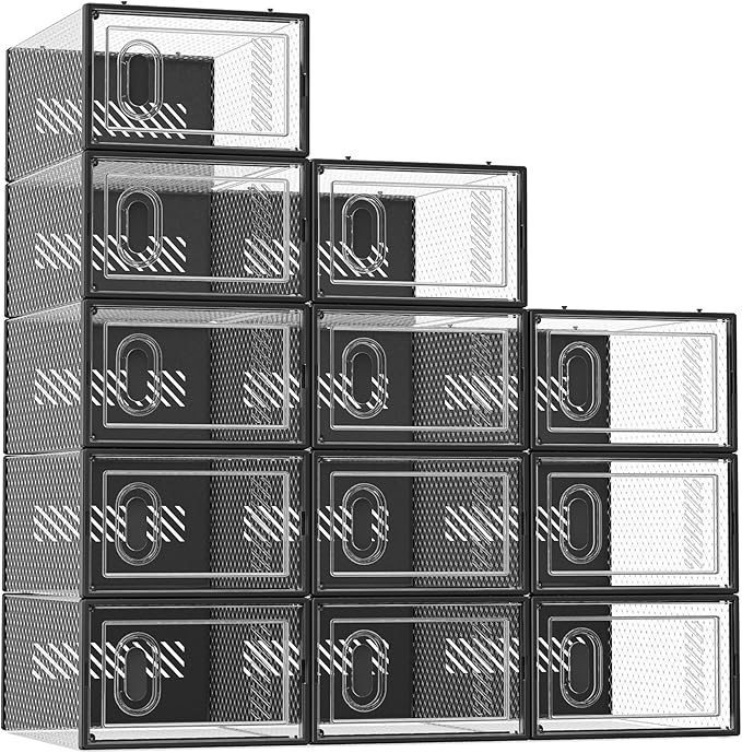 SIMPDIY Shoe Storage, 12 Pack Shoe Organizer for Closet, Shoe Boxes Clear Plastic Stackable Shoe Containers with Lids for Siz
