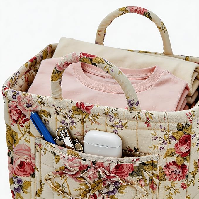 Quilted Laundry Basket with Handles - Multi-Purpose Fabric Storage Basket，Boho Fabric Storage Baskets with Handles for Car, H