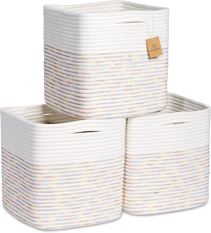 NaturalCozy Storage Cubes 11 Inch Cotton Rope Woven Baskets for Organizing, 3-Pack | Cube Storage Bin | Square Storage Basket