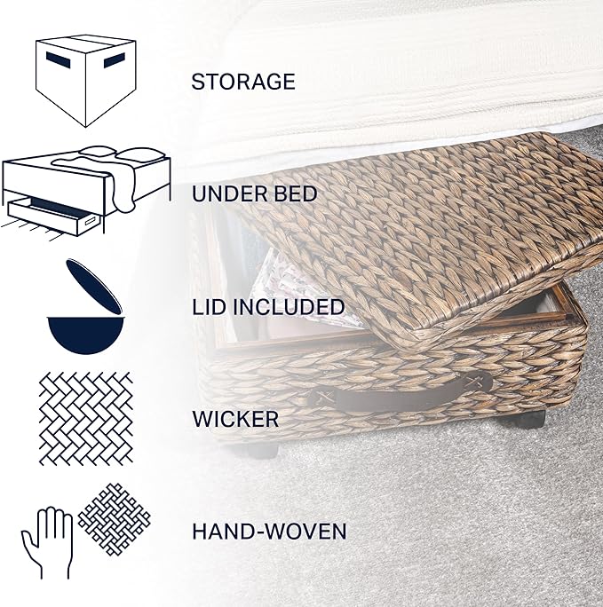 happimess BSK1006B 26.38" Chett Minimalist Hand-Woven Hyacinth/Wood Underbed Storage Bin with Wheels and Handles for Storage 