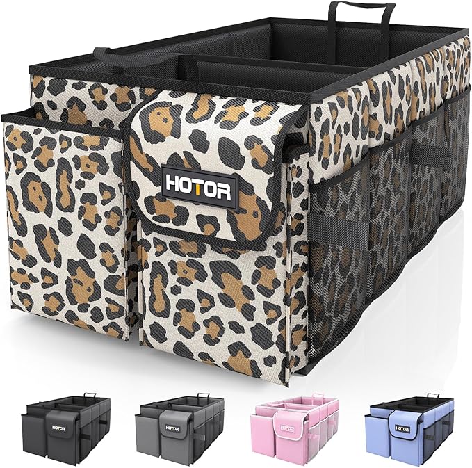 HOTOR Foldable Trunk Organizer - Leopard, SUV & Sedan Fits, 2 Compartments, 21.3x12.6x10.6 Sturdy Car Organization for Tools