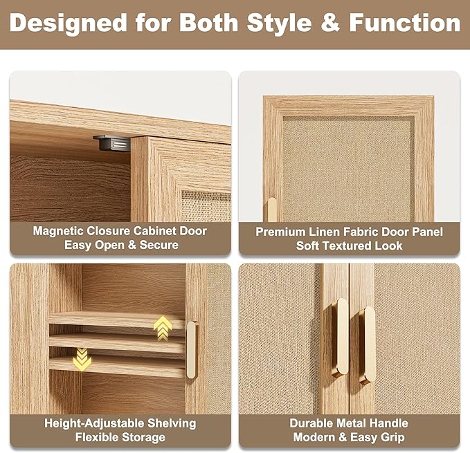INNOD Rattan Bathroom Wall Cabinet with Open Compartments, Wall-Mounted Medicine Cabinet with Adjustable Wood Shelf & Doors, 