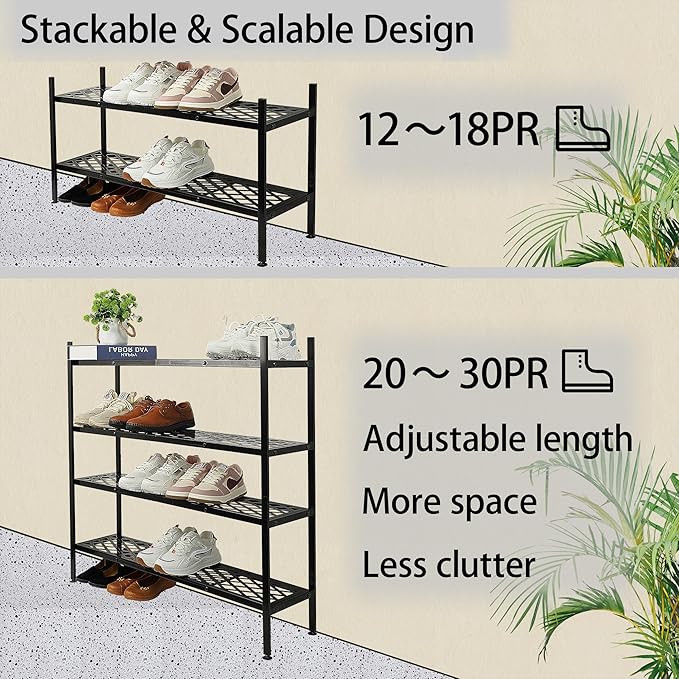 Shoe Rack, Expandable Shoes Organizer Metal Shelf Stand, 2 Tier Stackable Long Shoe Storage Holder For Closet, Floor, Entrywa