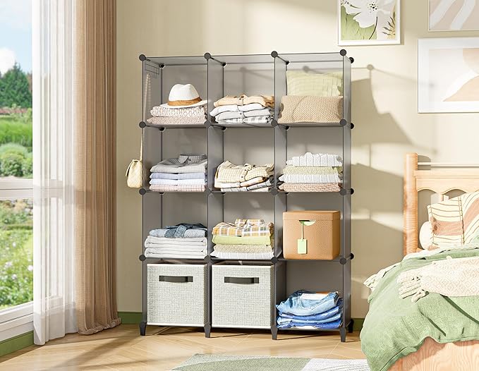HOMIDEC Closet Organizer, 12-Cube Closet Organizers and Storage, Portable Closet Shelves, Clothing Storage (Grey)