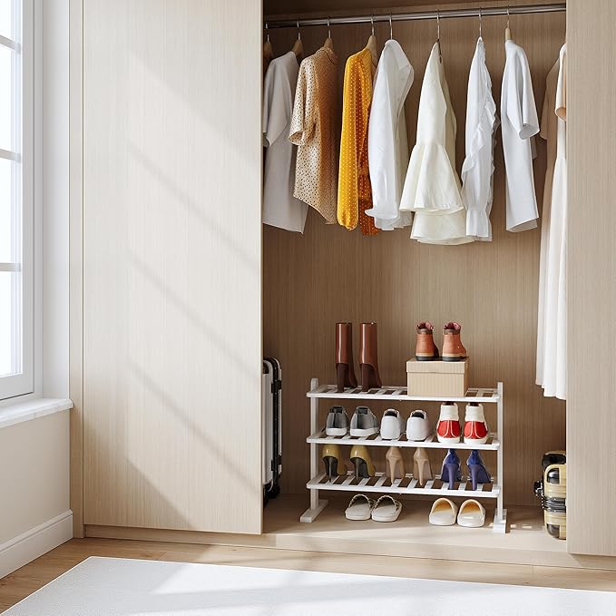 Varhomax White Shoe Rack, Bamboo Shoe Rack Organizer for Closet and Entryway, Thick Wooden Free Standing Shoe Shelf for Small