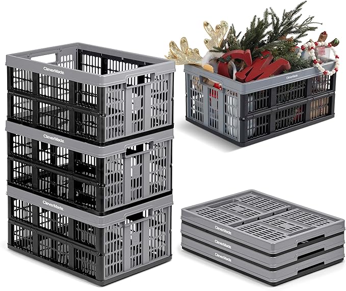 CleverMade Collapsible Utility Crate, Stone, 1PK - 32L (8 Gal) Collapsible Storage Bins, Holds 40lbs Per Bin - Plastic Stacka