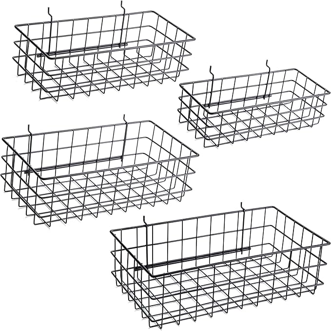 Pegboard Baskets, Set of 4 Black - Hooks to Any Peg Board - Pegboard Accessories, Square Style Wire Shelf Baskets - Organize 