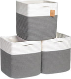 NaturalCozy Storage Cubes 11 Inch Cotton Rope Woven Baskets for Organizing, 3-Pack | Cube Storage Bin | Square Storage Basket