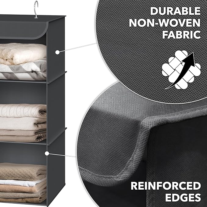 Simple Houseware 3-Shelf Hanging Closet Organizer, Fabric Storage Shelves with 57L Capacity, Dark Gray