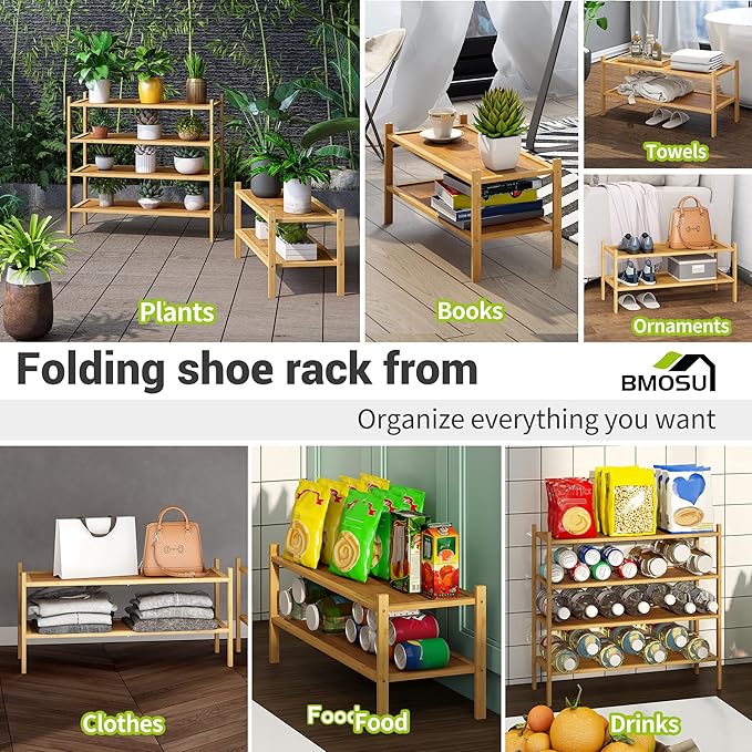 BMOSU 2-Tier Bamboo Shoe Rack Premium Stackable Shoe Shelf Storage Organizer for Hallway Closet Living Room Entryway Organize
