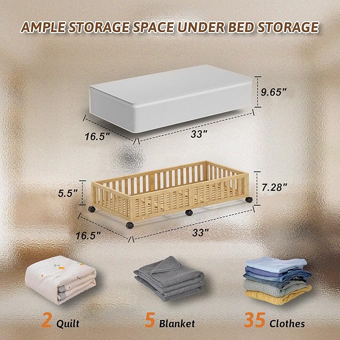 Bamboo Under Bed Storage Containers with Wheels, 2 Pack Large Under the Bed Shoe Storage Bins, Wood Rolling Underbed Drawers 
