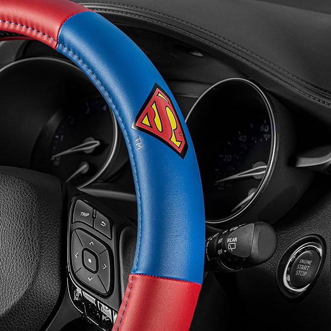 BDK Warner Bros DC Comics Superman Car Accessories Ergonomic Grip Steering Wheel Cover - Universal Size 14.5-15.5 in Diameter, Protects and Insulates for Car, Truck, Van, SUV