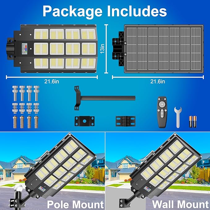 Loyoele 9000W Solar Street Lights Outdoor 240000 Lumens Solar Flood Light with Remote Control & Motion Sensor, Waterproof IP66 Dusk to Dawn Solar Power Lights for Garden,Yard, Path, Parking Lot 1-Pack