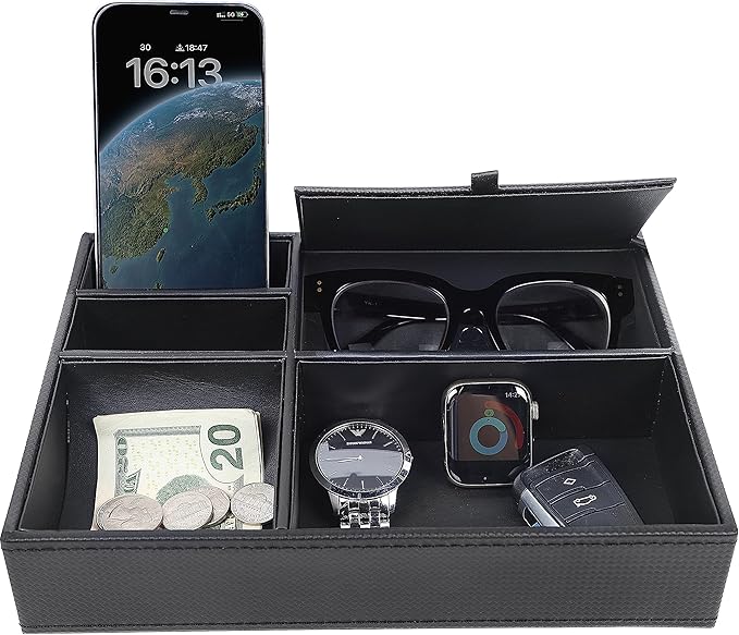 Zcaukya Men's Valet Tray, Jewelry Box Nightstand Organizer with 5 Compartments for Phone Keys Wallet Watch Glasses, Faux Leat