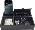 Zcaukya Men's Valet Tray, Jewelry Box Nightstand Organizer with 5 Compartments for Phone Keys Wallet Watch Glasses, Faux Leat