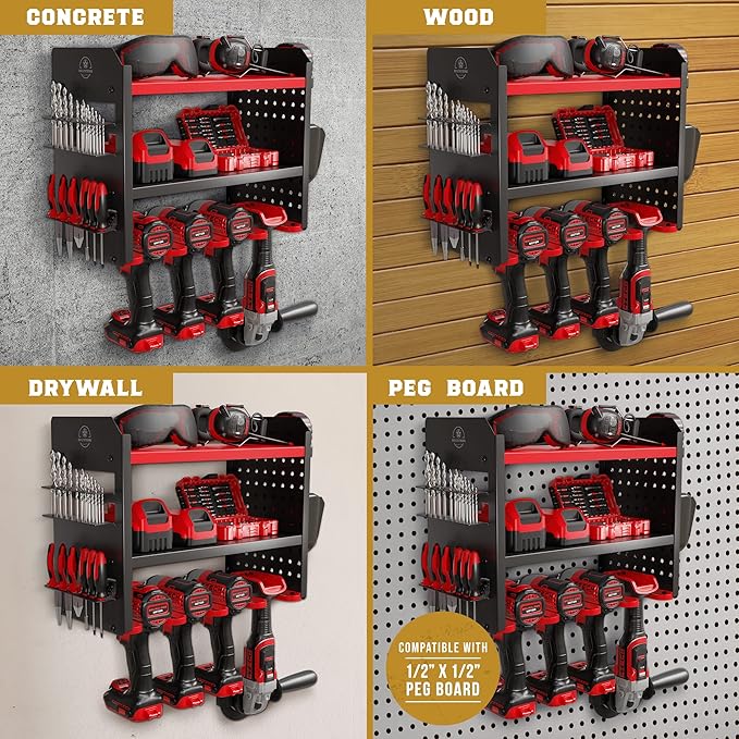 BUILTSTRONG Power Tool Organizer Wall Mount - 3-Tier Heavy-Duty Metal Hand Tool Storage Rack, Utility Racks, Drill Holder, Pe