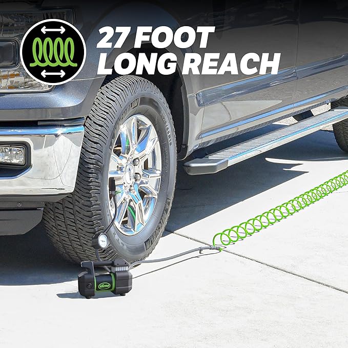 Slime 40031 Tire Inflator, Portable Car, SUV, 4x4 Air Compressor, Pro Power, Heavy Duty, with Analog 150 psi Dial Gauge, Long Hose and LED Light, 12V, 3 min inflation