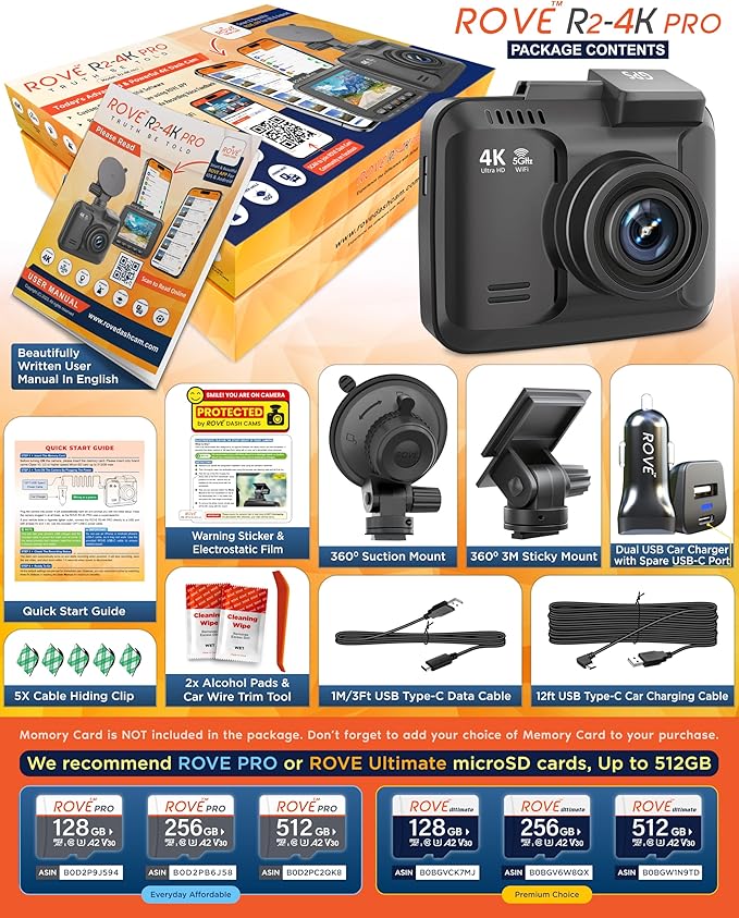 ROVE R2-4K PRO Dash Cam, Built-in GPS, 5G WiFi Dash Camera for Cars, 2160P UHD 30fps Dashcam with APP, 2.4" IPS Screen, Night