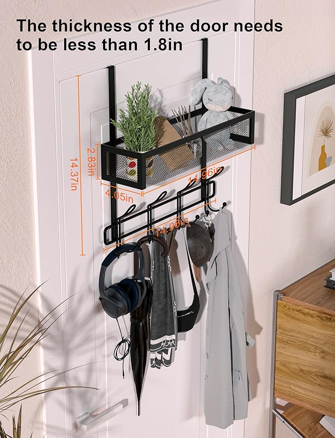 Over The Door Hooks Organizer Storage - Over The Door Hanger for Coat Rack, Storage with 12 Hook & 2 Mesh Baskets, for Bathro