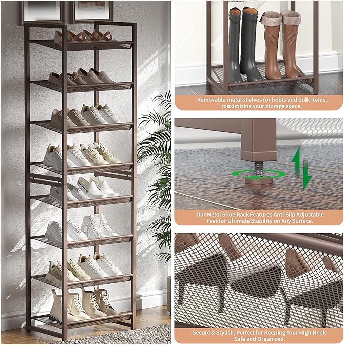 Tall Narrow Shoe Rack, 8 Tier Stackable Shoe Stand for 16-20 Pairs, Heavy Duty Shoe Organizer for Small Space Closet Bedroom,